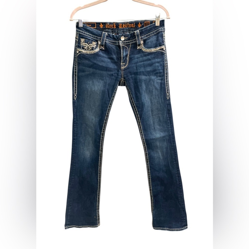 ROCK REVIVAL SHERRY BOOT Crystal Rhinestone Pocket Dark Blue Jeans EUC Size 27